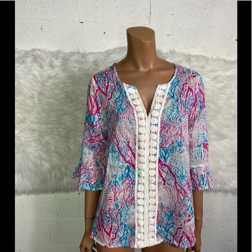 Casey Key Pink Blue White Printed Tunic Top M